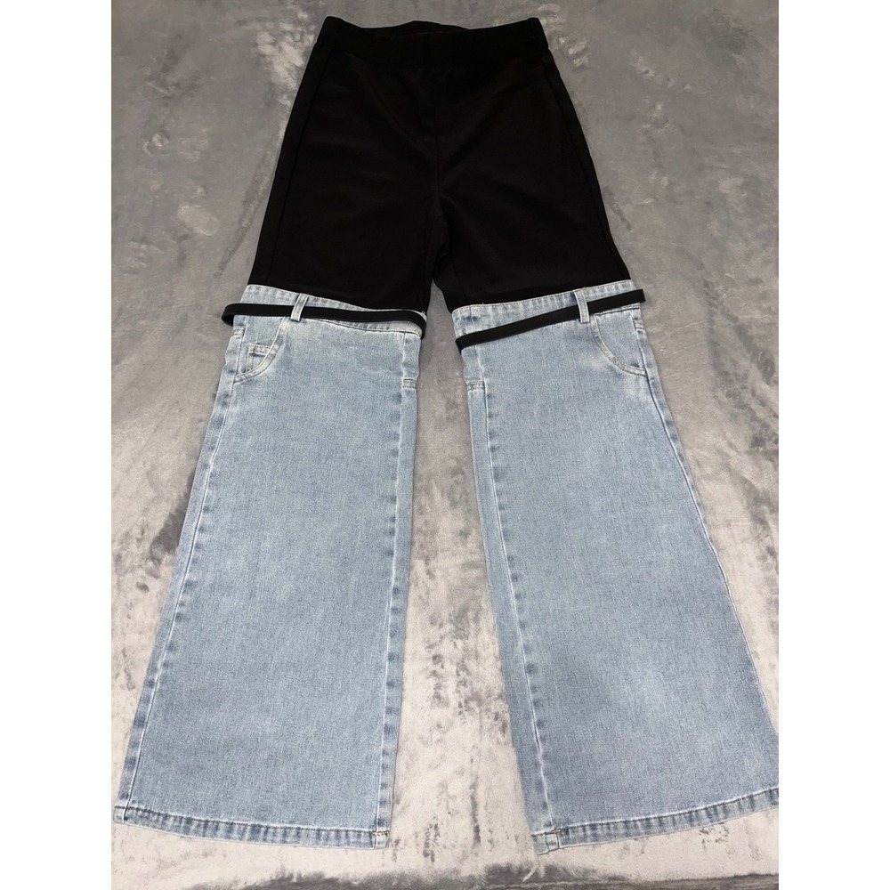 Two Tone Mixed Media High Waisted Wide Leg Pants Black Denim Y2K Style Street